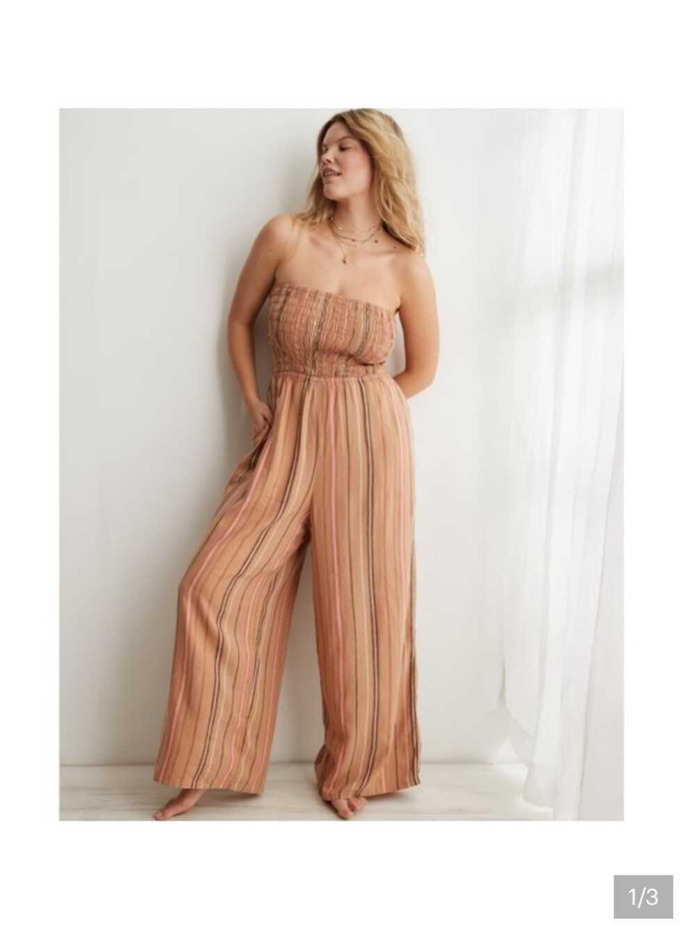 aerie Strapless Wide-Leg Jumpsuit in Terracotta Stripe